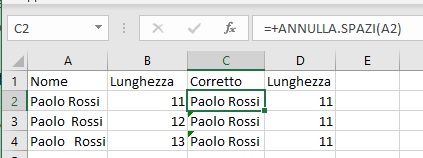 Esempio funzione annulla spazi excel