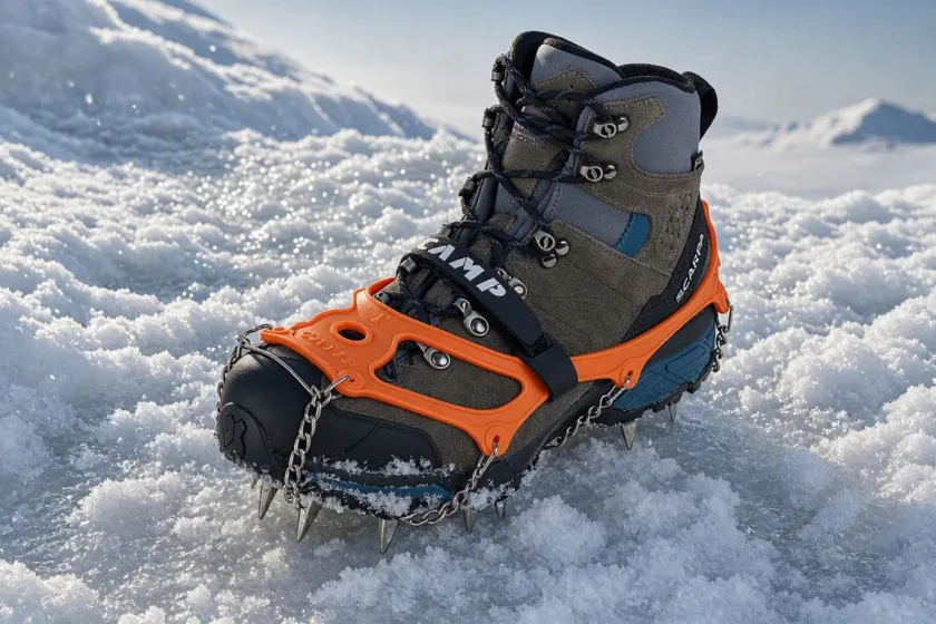 Trekking autunno-inverno: come mi preparo per camminare in sicurezza nella stagione fredda 1 scarpone con ramponcini sulla neve ghiacciata